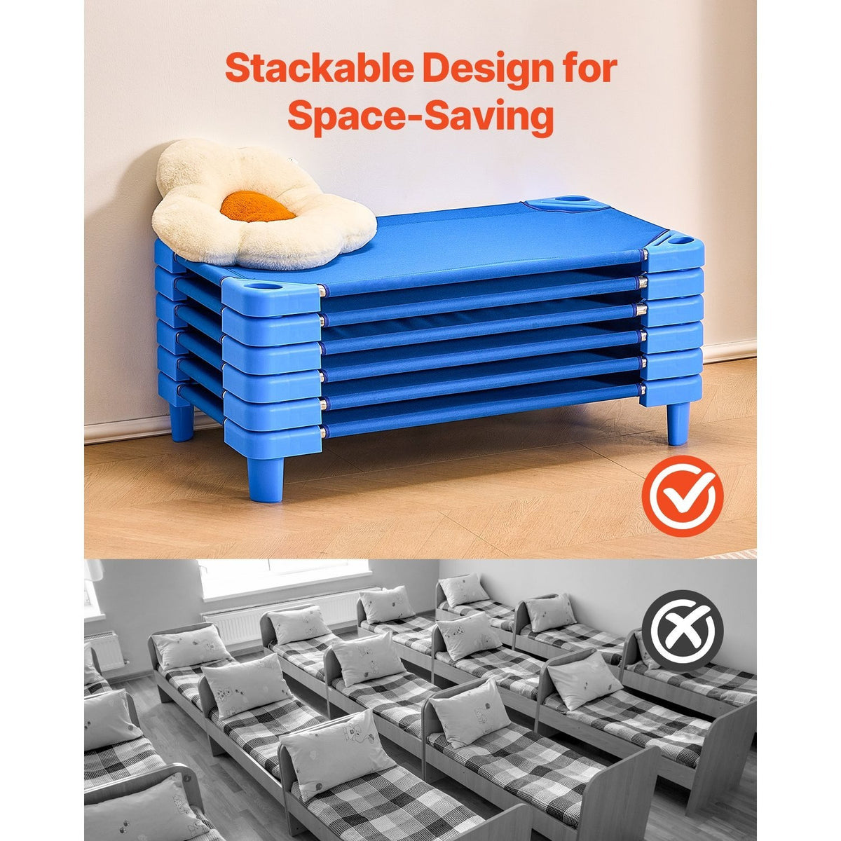 VEVOR Stackable Kiddie Cot, 6 Pack Portable Toddler Nap Cots, Standard Size 40" L x 23" W Daycare Cots for Kids, Preschool Classroom Daycare Beds for Sleeping, Resting, Naptime, Blue