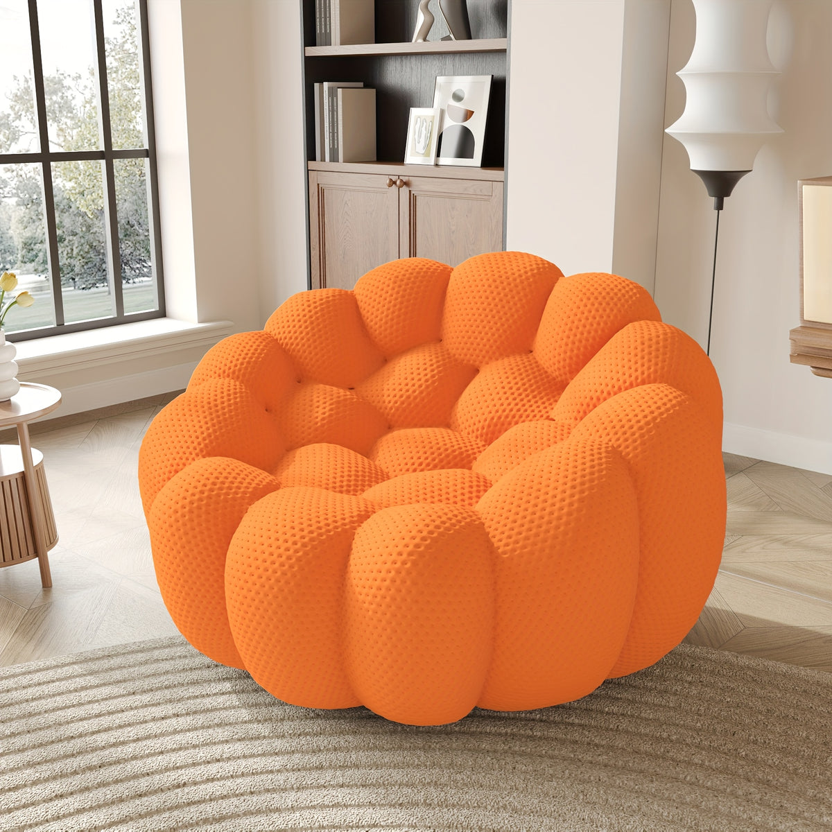 100.03'' Modern Upholstered Curved Sofa, 3 Seater Mesh Fabric Floor Sofa, 3D Honeycomb Shape Curved Couch for Living Room