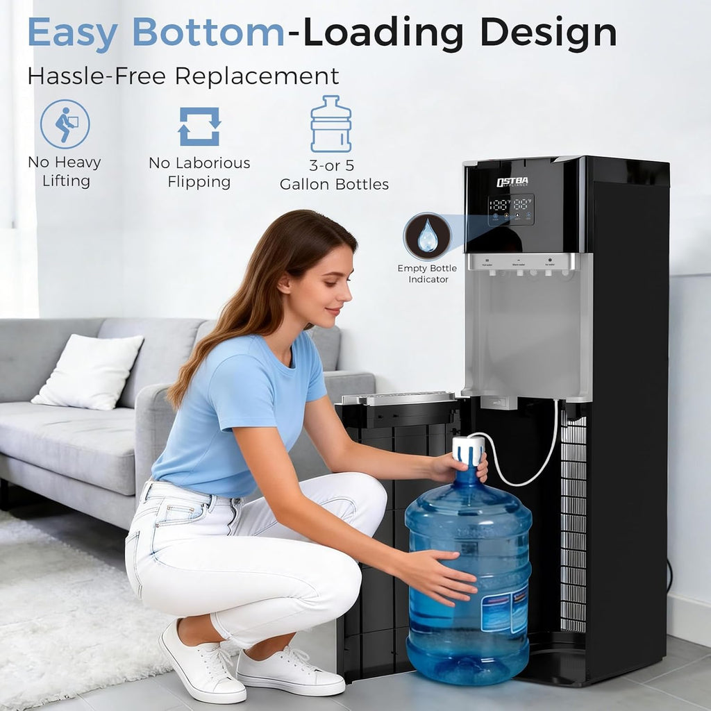 Bottom Load Water Dispenser, LED Display, Hot Cold & Room Water, Stainless Steel Tank, Child Lock, 3 & 5 Gallon for Home & Office