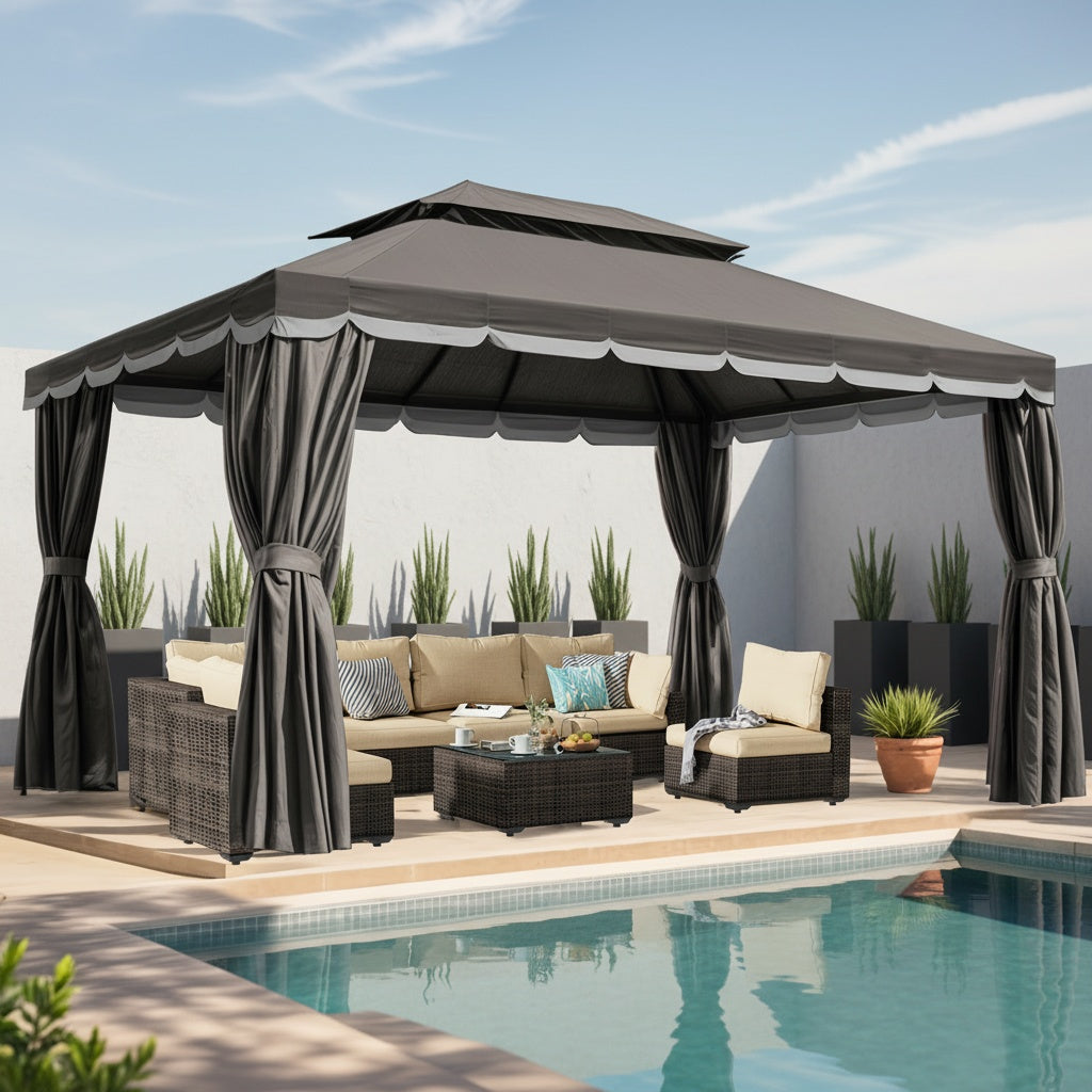 10'x13' Heavy-Duty Outdoor Patio Gazebo with Double Roof, Party Tent Suitable for Backyard, Deck, Garden - Assembly, Mosquito Netting & Curtains, Spacious Shelter for Parties, BBQs, Outdoor Events