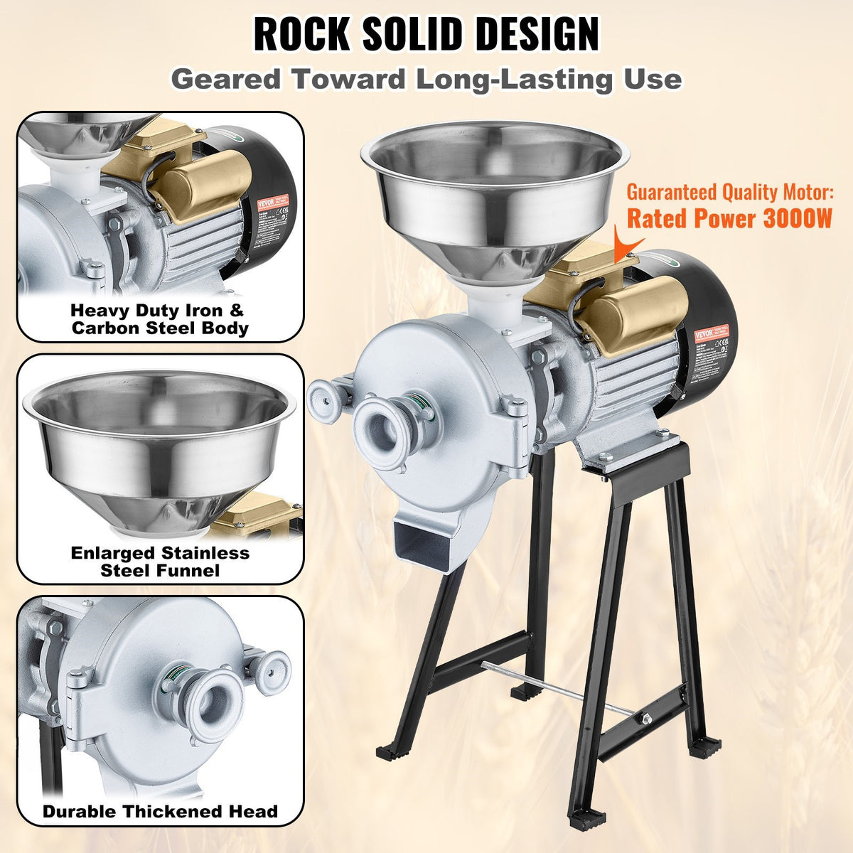 VEVOR 3000W Electric Grain Grinder Corn Wheat Flour Cereal Mill Wet & Dry