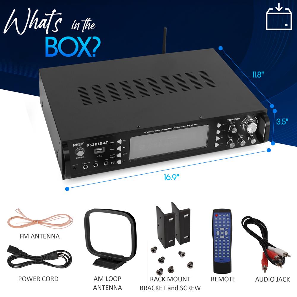 Stereo Amplifier Receiver with 3000W Peak Output, Bluetooth 5.0 and Dual Mic Inputs for Home Karaoke and Events