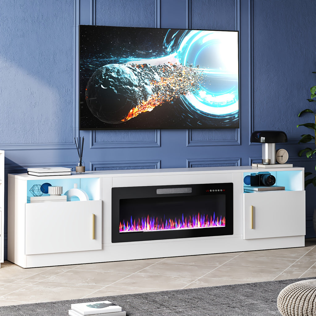 Fireplace TV Stand with 36" Fireplace, 80" TV Stand with LED Light for TVs Up to 85", Entertainment Center Console Table with Highlight Storage Cabinets