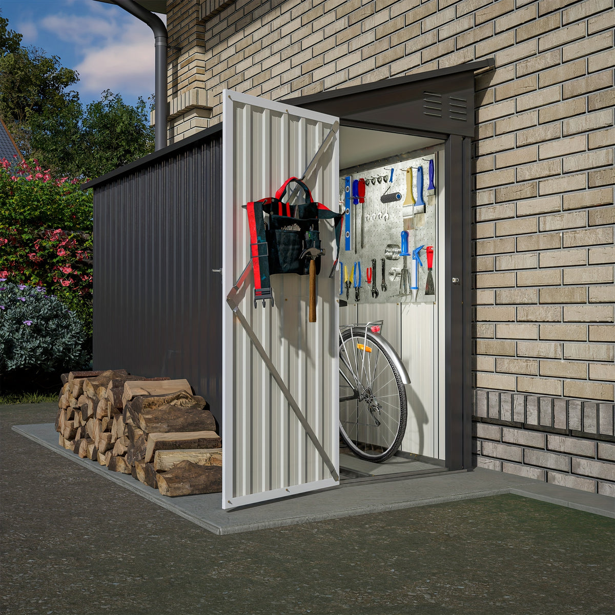 4' X 8' Metal Outdoor Storage Shed, Lean to Storage Shed, Garden Tool Storage House with Lockable Door And 2 Air Vents for Backyard, Patio, Lawn, Black