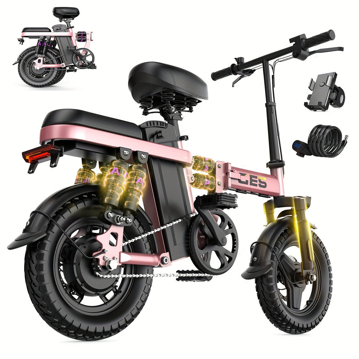 500W Electric Bike for Adults, 48V 10AH/15AH Removable Battery, Speed 15-20 Mph, Long Range 10-35 Miles, 14-Inch Foldable, LCD Display, Dual Disc Brakes, Super Suspension, Teen Gift, Adult E-Bike - Motorcycle