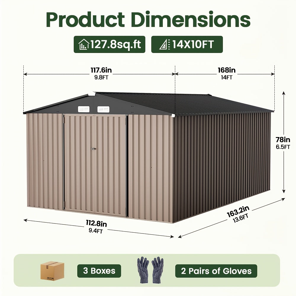 [Metal Storage Shed] 8x6ft (7.33'x5.28' Base, No Floor), 6 X 4ft, 10x12ft, 10x14ft, Metal Steel Outdoor Storage Shed with Air Vent & Lockable Doors, for Garden, Patio And Backyard, Tools, Bike