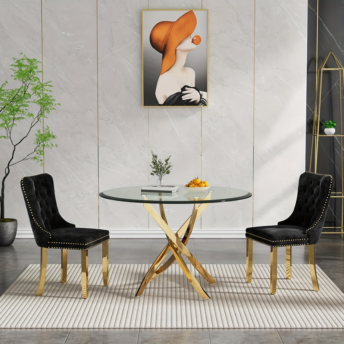 5/3/1pc Round Dining Table Set, Modern Tempered Glass Dining Table With Velvet Dining Chairs, 36" Kitchen Table With Stainless Steel Base For Living Room, Dining Room, Kitchen, Office, Lounge