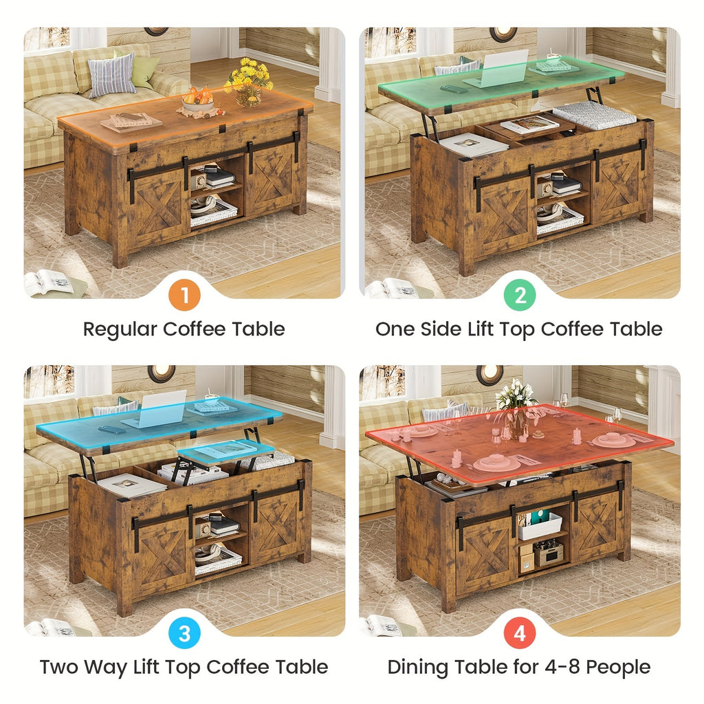 Farmhouse Lift Top Coffee Table with Hidden Compartments And Open Shelves, Center Table with Sliding Barn Door for Living Room Home Office, Light Oak Gray