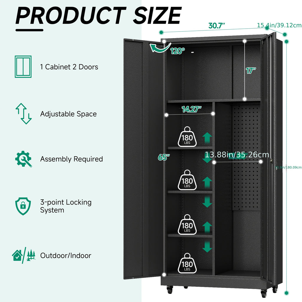 Metal Storage Cabinet with 4 Wheels, 71" H Metal Garage Cabinet, Broom Closet Storage Cabinet with Adjustable Shelves, Tool Storage Cabinets for Garage, Utility Room