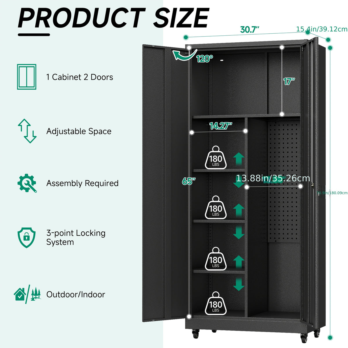 Metal Storage Cabinet with 4 Wheels, 71" H Metal Garage Cabinet, Broom Closet Storage Cabinet with Adjustable Shelves, Tool Storage Cabinets for Garage, Utility Room