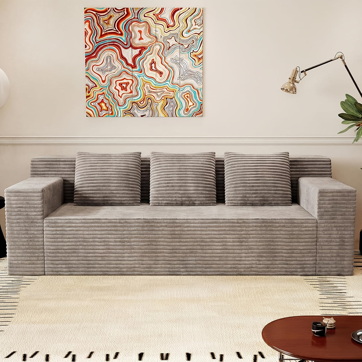 43.3-80.7" Corduroy Living Room Sofa, 3 Setaser Deep Seat Couch With 3 Lumbar Pillows, Comfy Boneless Sofa Modern Compressed Couch For Bedroom, Office, Apartment