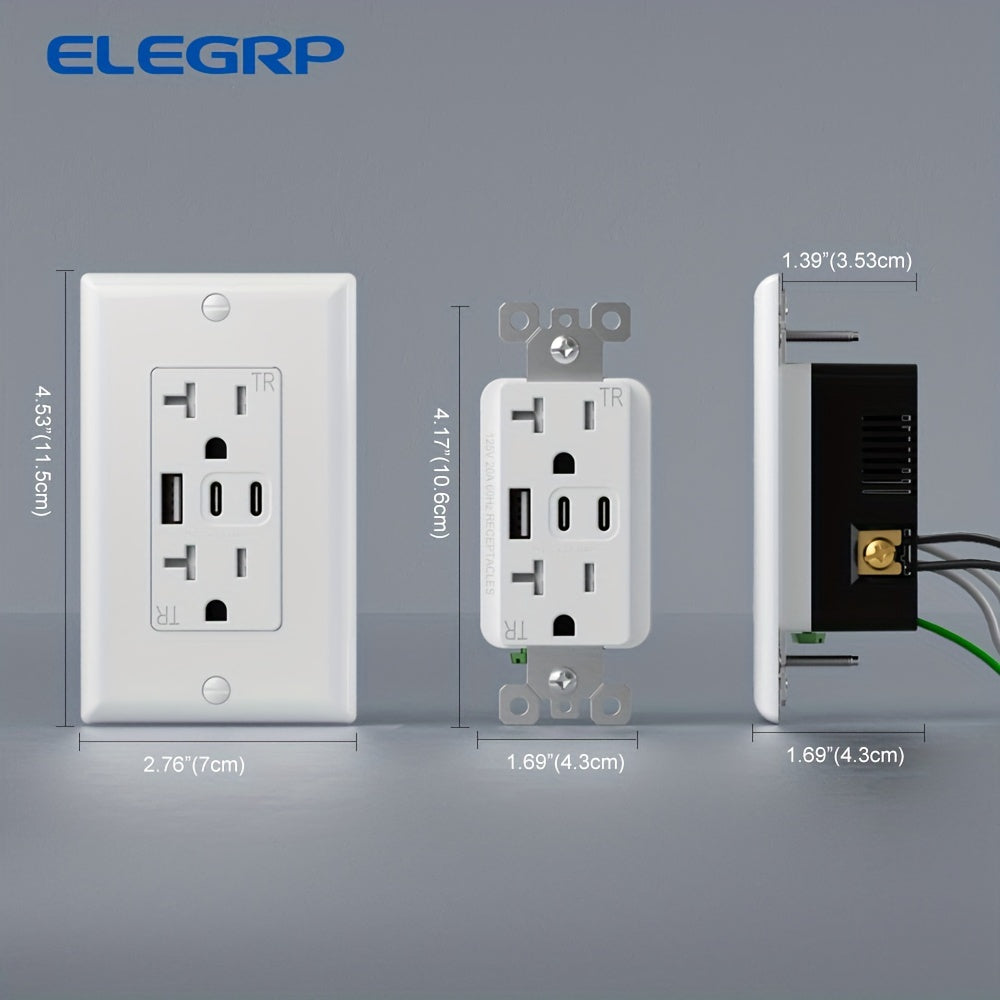 12pcs set of ELEGRP, white USB socket with 3 USB ports and 20A wall plug, dual USB C port socket, TR tamper-proof USB socket including wall plate