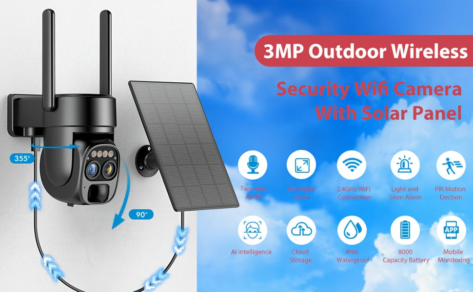 Set of 4 Hawkray Solar Security Wireless Outdoor Cameras, 3MP Resolution with 360° Pan And Tilt Control, 10X Zoom, Two-Way Audio, Spotlight Siren, And PIR Motion Detection