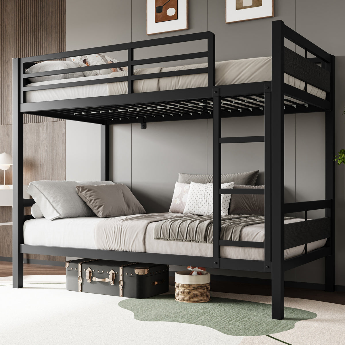 77.5"L Heavy Duty Metal Bed Frame, Twin Over Twin Or Full Over Twin Bunk Bed with Full Length Guardrails And Ladder, Black/Rustic Brown/White Options, Easy Assembly, Suitable for Shared Bedrooms, Bed Frame Without Mattress