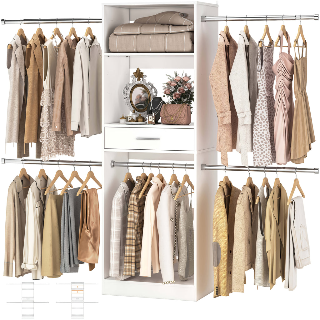 8ft Closet System, 96 Inch Walk In Closets Organizer Kit with 4 Extendable Hanging Rods And Drawer, Adjustable Wood Garment Rack, Sturdy Closet Insert, Easy Assembly, Max Load 1000 LBS, White
