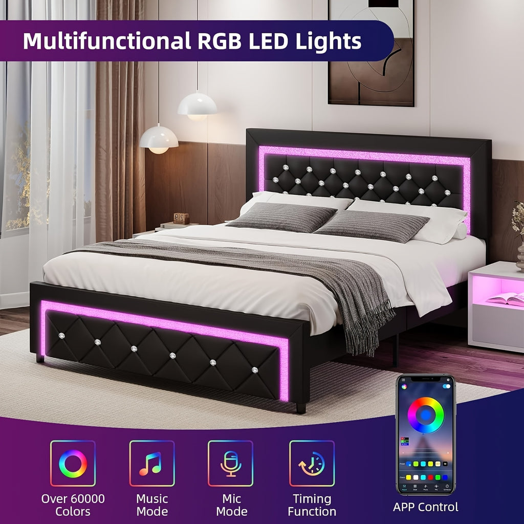 Twin Full Queen Bed Frame with LED Lights, Upholstered Platform Bed with Diamond Tufted Headboard, No Box Spring Needed, Noise Free, Easy Assembly, Black/Pink/White