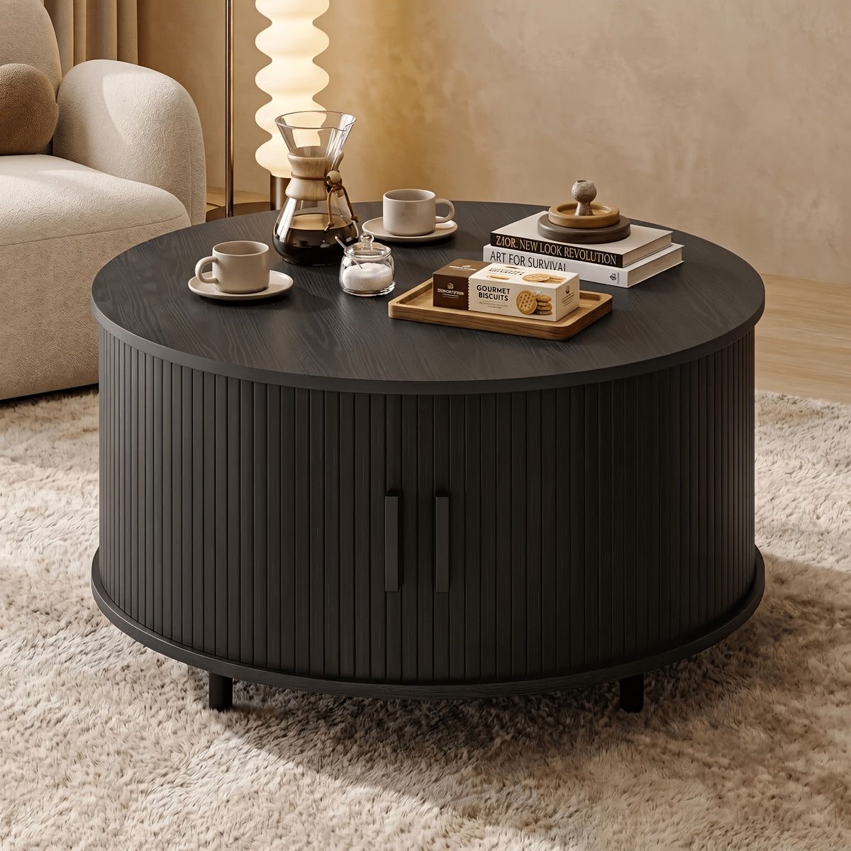 Round Coffee Table, 32-Inch Modern Wooden Center Table with Sliding-Door Storage for Living Rooms and Apartments
