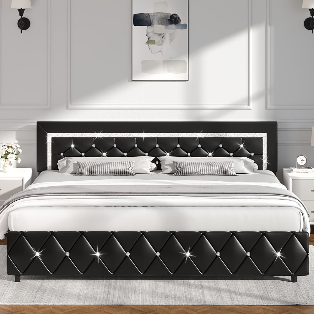 Halloween Twin Full Queen King Upholstered Bed Frame, Diamond Tufted Headboard, Faux Leather Bed Frame With Headboard & Footboard, Wooden Slats Support, No Box Spring Needed, Easy Assembly, Black/White/Pink/Green Christmas
