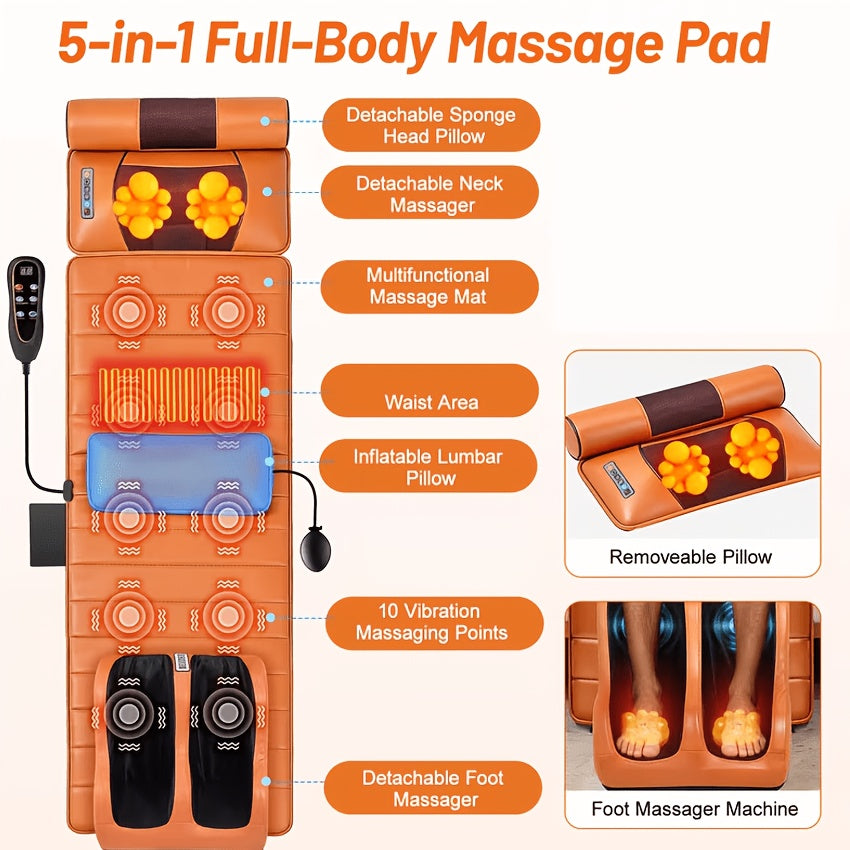 Foldable Full Body Massage Mat with Foot Massager, Heat And Vibration Modes, 3 Heating Levels, 9 Modes And 9 Intensities, Timer Function, Suitable for Home Office