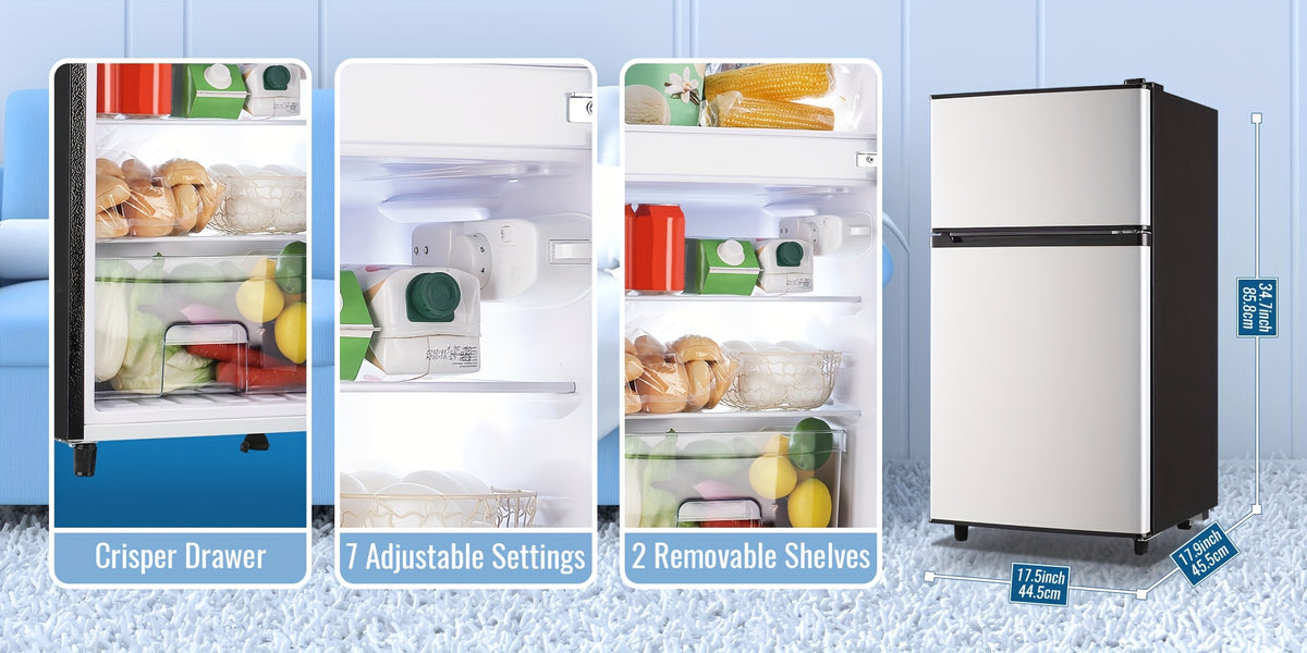 5.0/3.5/2.5 Cu.ft Small Fridge with Freezer 2-Door Compact Refrigerator 7-Level Adjustable Thermostat, Removable Shelves and Bakset, Perfect for Dorm, Office, RV, Bedroom, Silvery