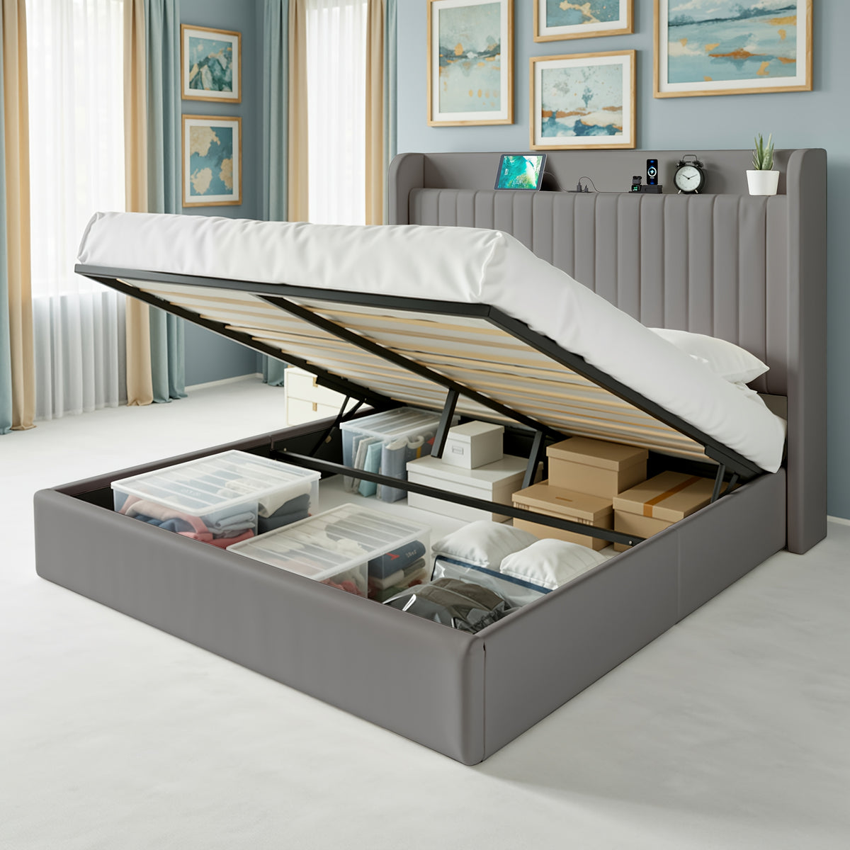 WEEWAY Lift Up Storage Bed Frame, Velvet Vertical Channel Headboard, Charging Station, Hydraulic Support, Noise-Free Wooden Slats, No Box Spring Needed, Bedroom Furniture, Masterroom, Guestroom, White, Black, Cream, Grey, Free Shipping