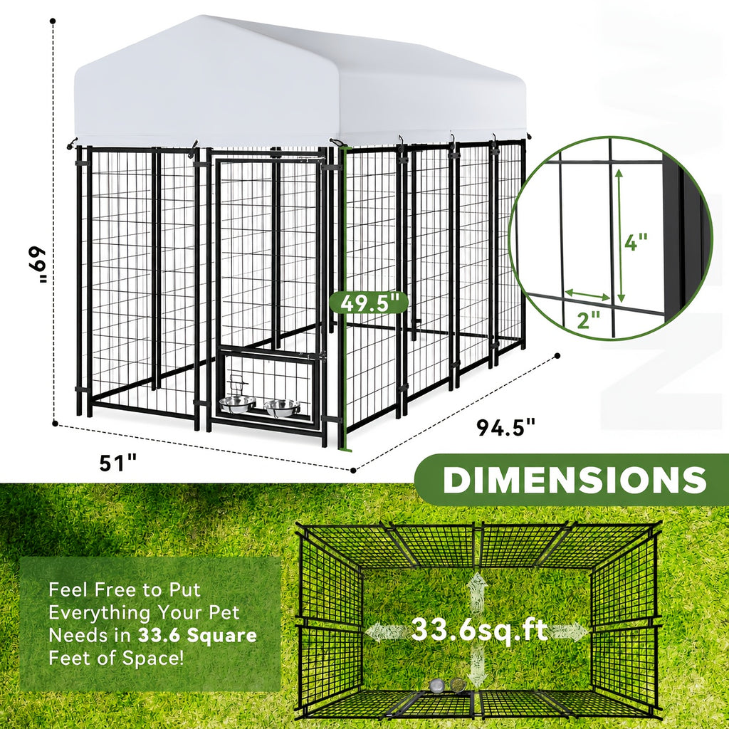 SNDM Outdoor Dog Kennel for Large Dogs, Heavy Duty Welded Wire Steel Dog Playpen Fence with Secure Lock, Dog Pen with Waterproof Roof Cover and 2 Rotating Dog Bowls for Small/Medium/Large Dogs