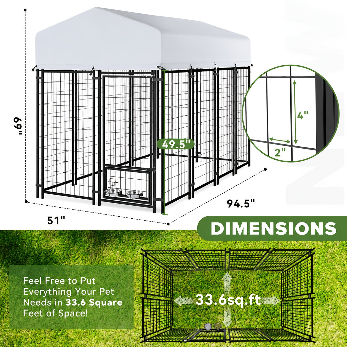 SNDM Outdoor Dog Kennel for Large Dogs, Heavy Duty Welded Wire Steel Dog Playpen Fence with Secure Lock, Dog Pen with Waterproof Roof Cover and 2 Rotating Dog Bowls for Small/Medium/Large Dogs