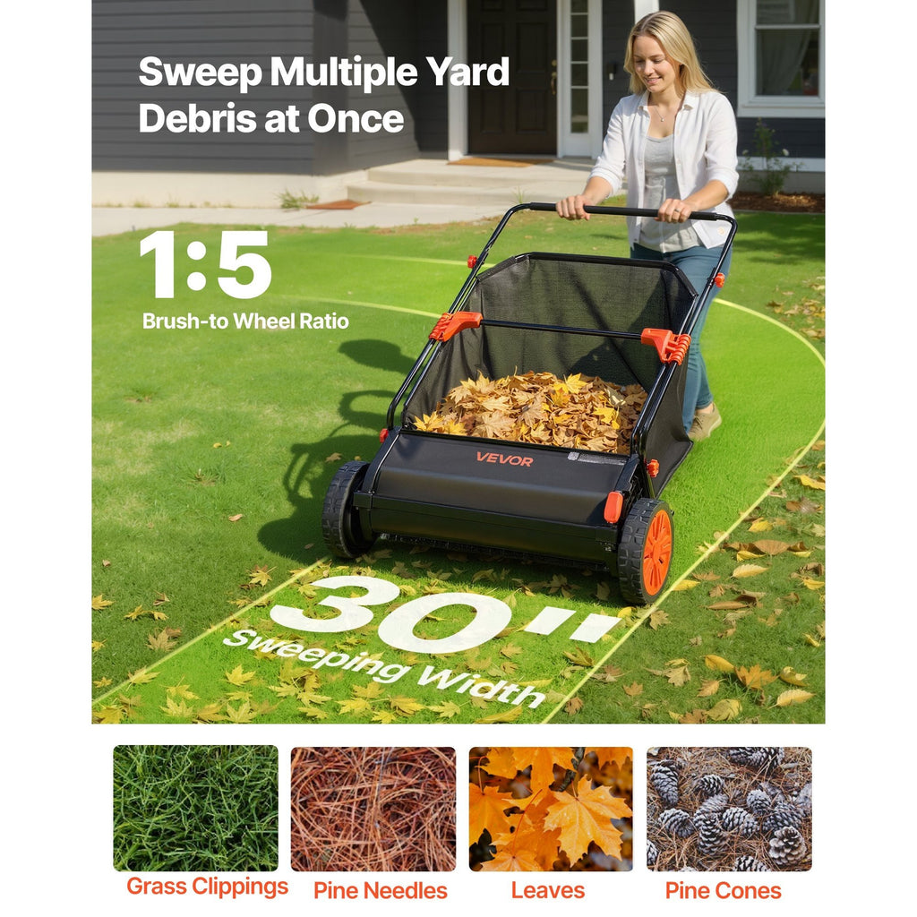 VEVOR Push Lawn Sweeper, 30 in Leaf & Grass Collector with 12 cu. ft. Hopper Bag, Adjustable Brush Height & Spinning Brushes, Heavy Duty Yard Sweeper with Rubber Wheels for Leaves Grass Cleanup