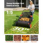VEVOR Push Lawn Sweeper, 30 in Leaf & Grass Collector with 12 cu. ft. Hopper Bag, Adjustable Brush Height & Spinning Brushes, Heavy Duty Yard Sweeper with Rubber Wheels for Leaves Grass Cleanup