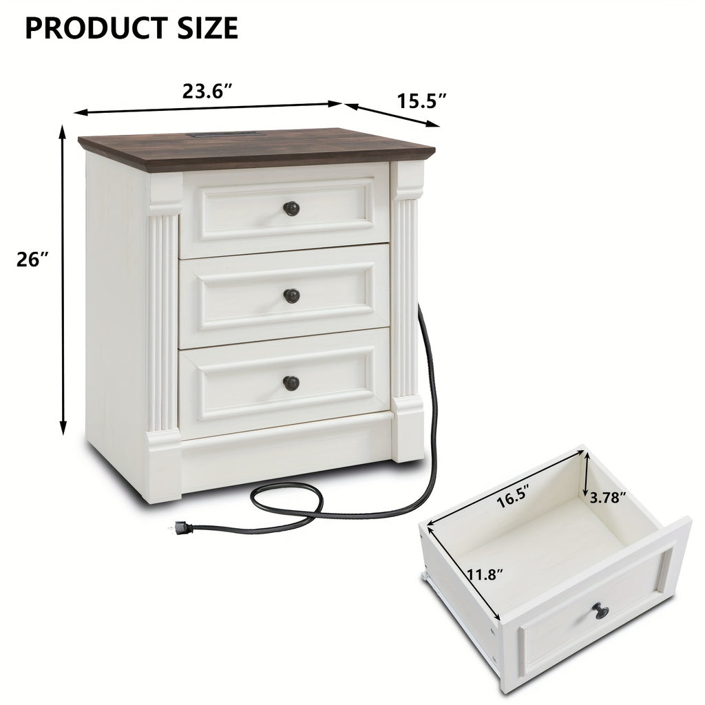 26 Inch High Farmhouse Bedside Table Set of 2, 3 Drawer Side Table with Charging Station, 23.6 Inch Wide Side Table with Roman Posts, Wooden Country Style Bedside Table for Bedroom, Living Room