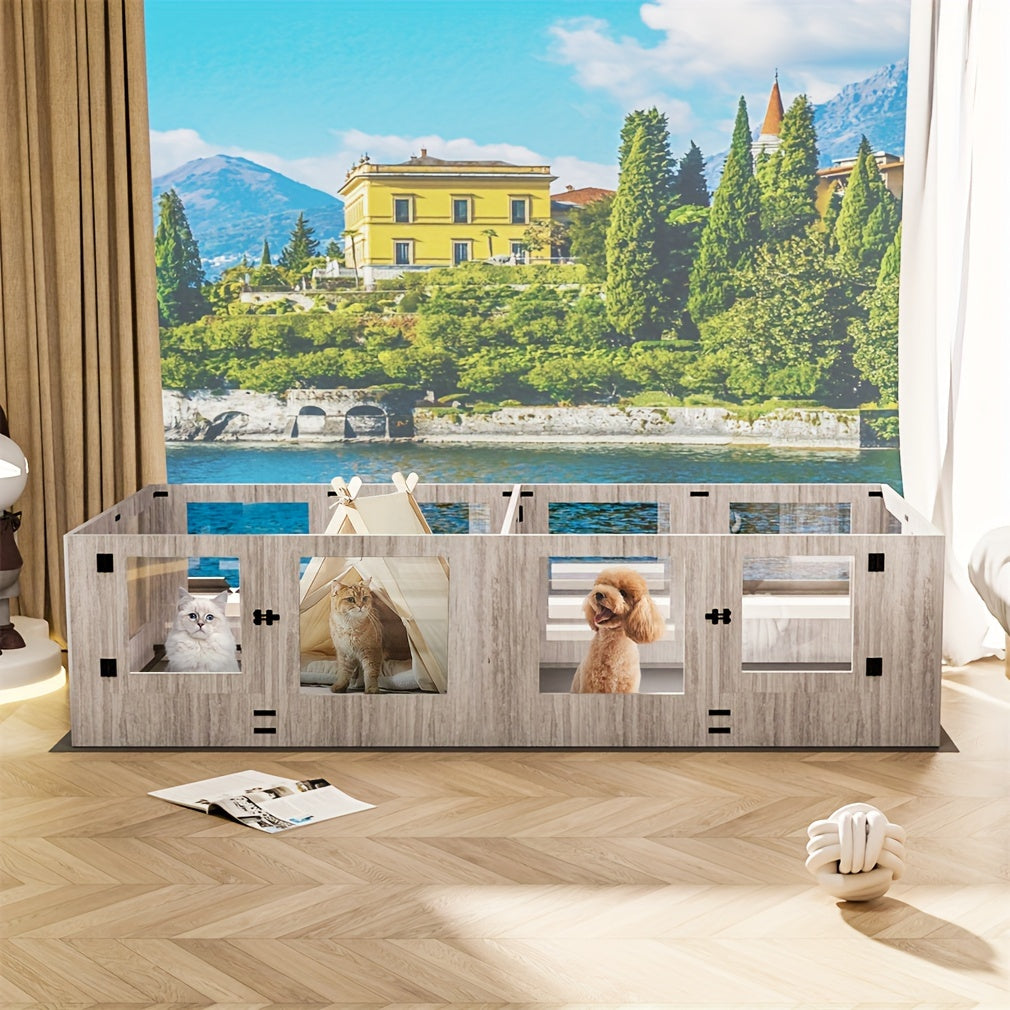 XXL 14-Panel Dog Playpen & Whelping Box with Tempered Glass, Sturdy MDF Construction, and Safety Rails - Spacious Indoor/Outdoor Pet Enclosure for Dogs and Puppies, Puppy Playpen