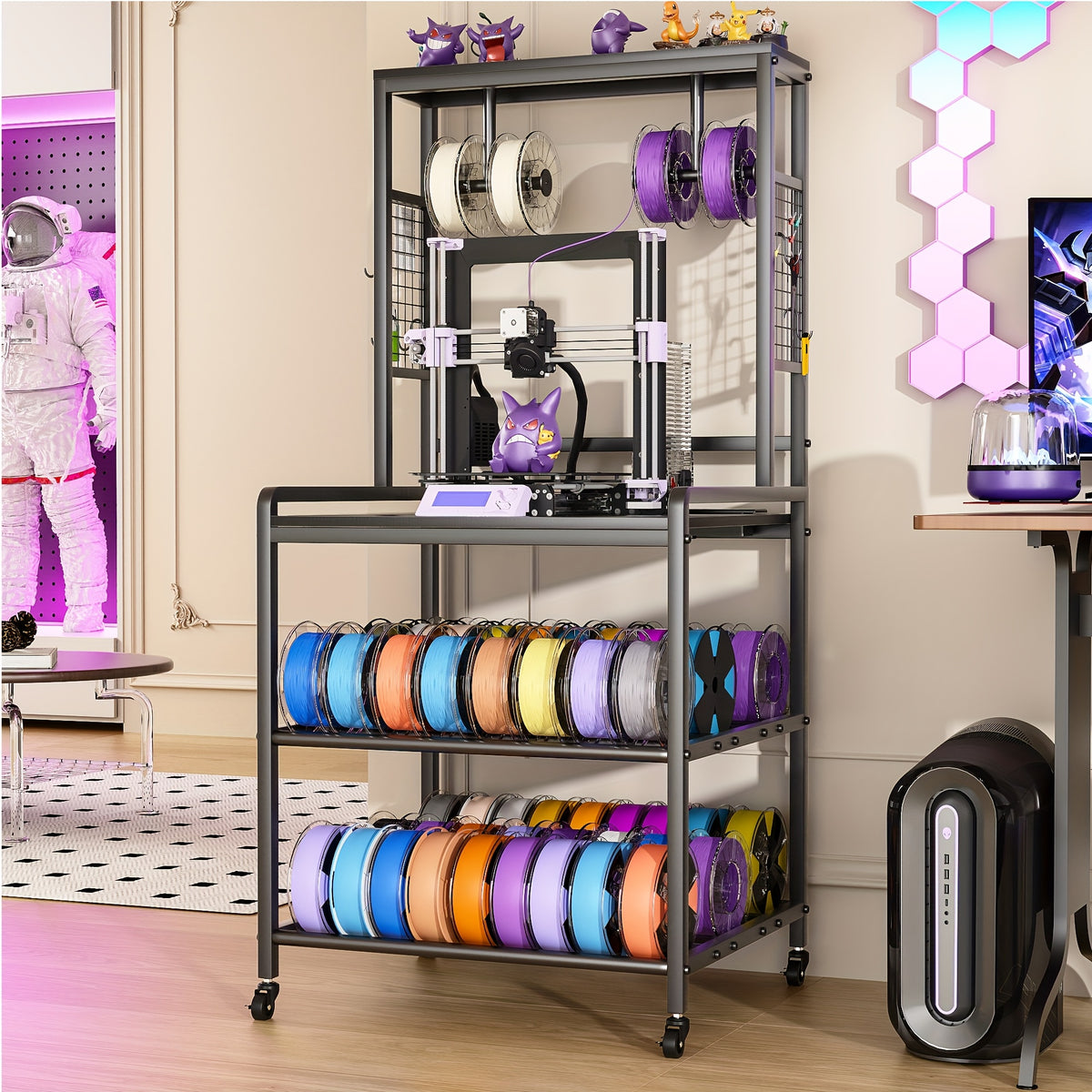 Printer Stand with Charging Station, Large 3D Printer Table with Filament Storage, Heavy Duty Rolling 3d Printing Stand Filament Organizer with 4-Tier Storage for Workshop/Office/Garage