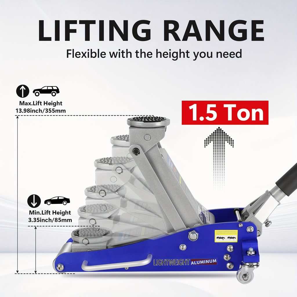 Hydraulic Low-Profile Racing Floor Jack Made of Aluminum And Steel, Featuring a Dual Piston Quick Lift Pump, Available in 1.5 Ton, 2.5 Ton, And 3 Ton Capacities