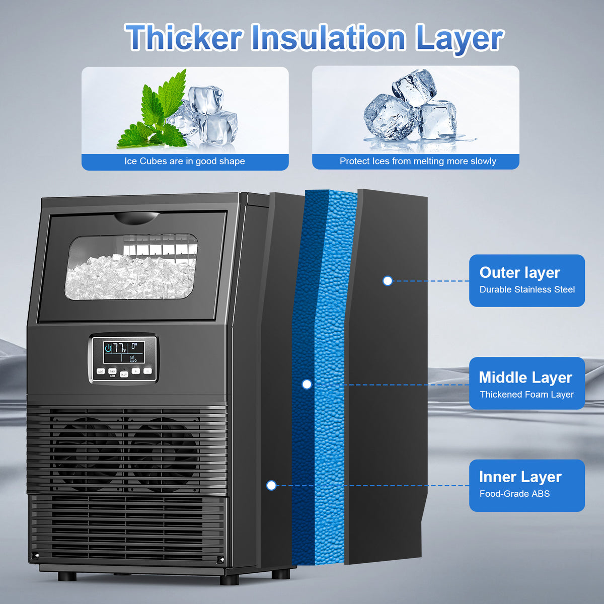 Large Ice Maker, 66Lbs/ 80Lbs/ 100Lbs Commercial Ice Maker, 24 Hour Timer, Self Cleaning Under Ice Machine, Automatic Full Ice Stop, Adjustable Ice Thickness And Ice Making Time, Suitable for Restaurants, Hospitals, Bars, Cafes, Laboratories