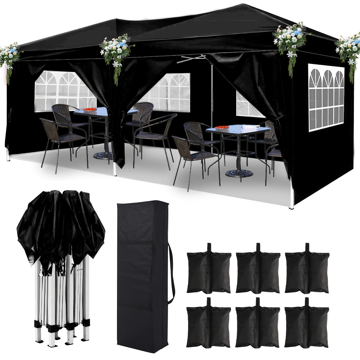 10x20ft Pop Up Canopy with 6 Sidewalls, Setup Canopy Tent with 6 Sandbags, Waterproof Shade 10x20, Outdoor Canopies for Parties Weddings Backyard Waterproof Commercial Instant