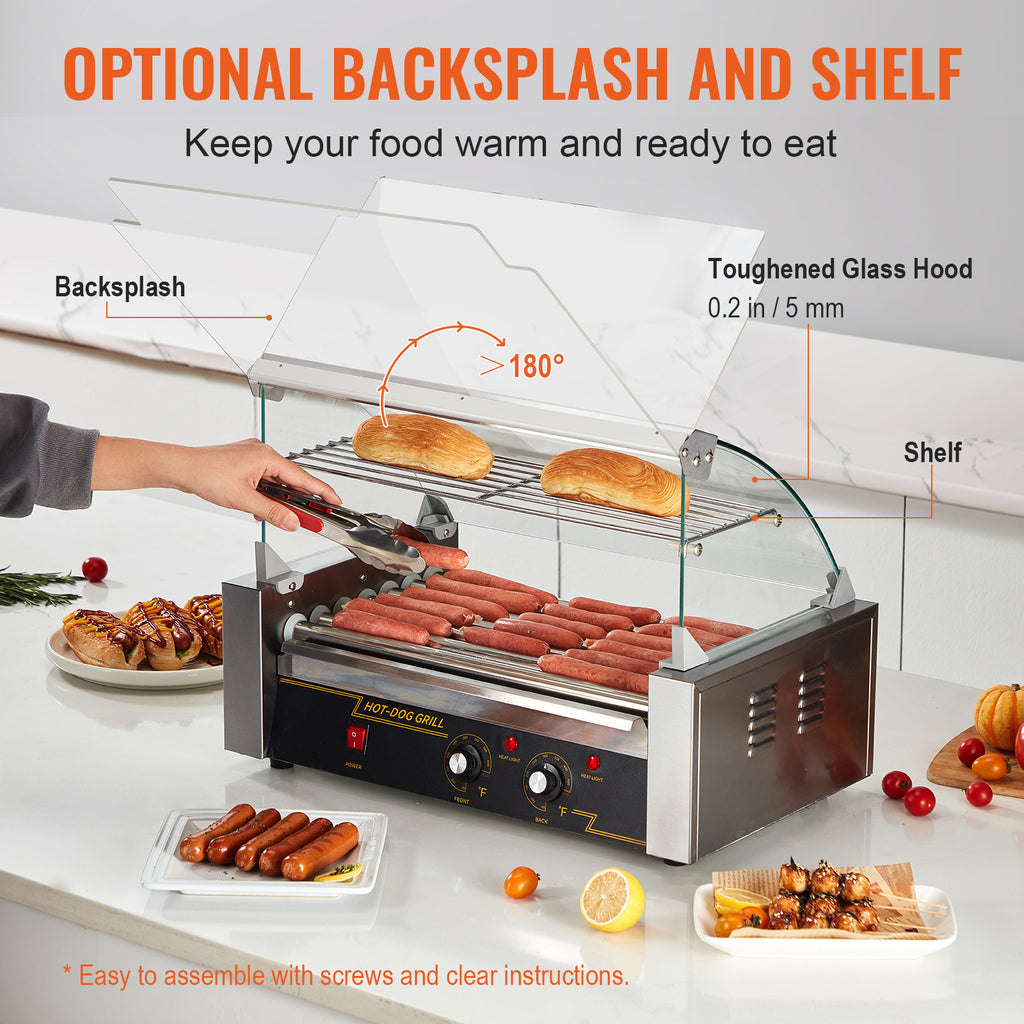 VEVOR Hot Dog Roller 7 Rollers 18 Hot Dogs Capacity 1400W Stainless Sausage Grill Cooker Machine with Dual Temp Control Glass Hood Acrylic Cover Bun Warmer Shelf Removable Oil Drip Tray.