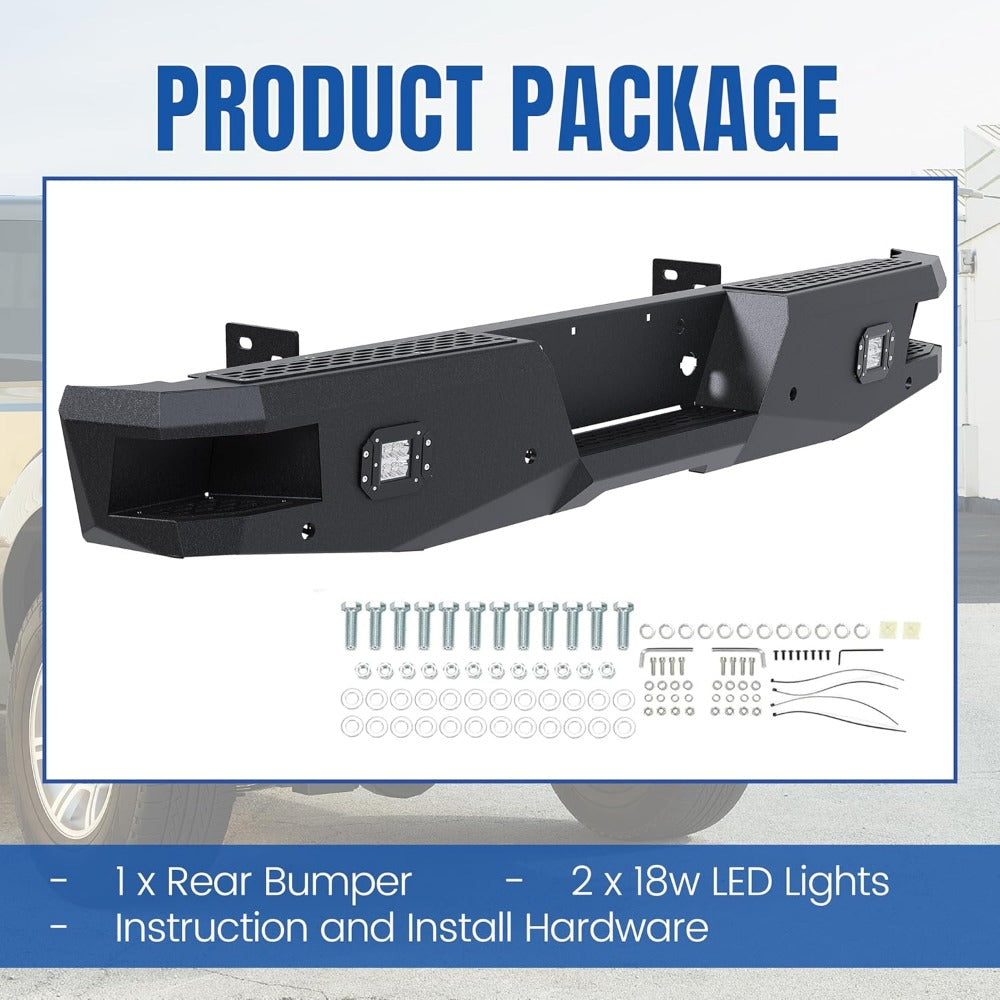 Heavy Duty Offroad Rear Bumper for 1999-2016 Ford F250 F350 Super Duty, Black Powder Coated Steel with 2 x 18W LED Lights