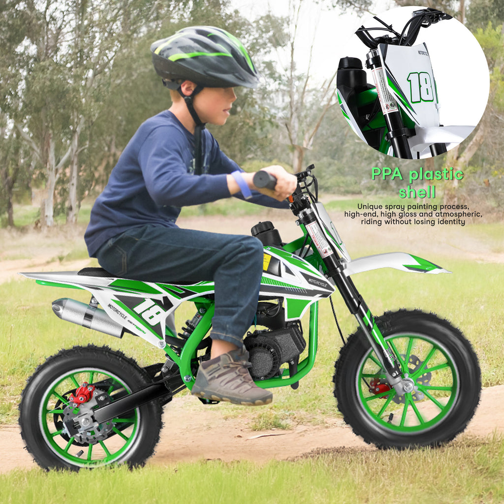 Mini Motorcycle 49cc 2-Stroke Gas-Powered Dirt Bike Suitable for - -Rided Track Days & Mini Bike Racing with Front/Rear Disc Brakes, Compact Off-Road Pocket Bike (Maximum Speed up to 20mph)
