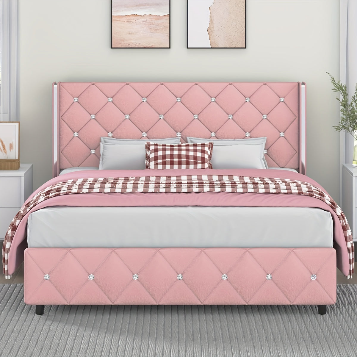 Twin Full Queen King Size Bed Frame, Upholstered Bed Frame with Diamond Tufted Headboard, Modern Silvery Side Wing Back, No Box Spring Needed, Easy Assembly, Purple, Black, Blue, Green, Pink, White