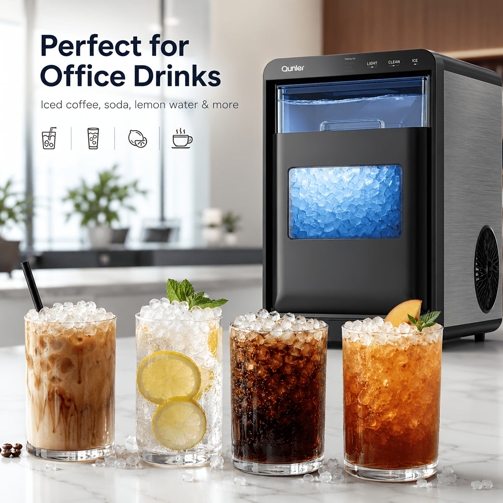 Countertop Nugget Ice Maker, Qunler 46 Lbs/Day Soft Chewable Pellet Ice Machine, Self-Cleaning Stainless Steel Ice Maker with Ice Scoop And Ice Basket for Iced Coffee, Soda, Tea, Cold Drinks, Home Kitchen & Office Use