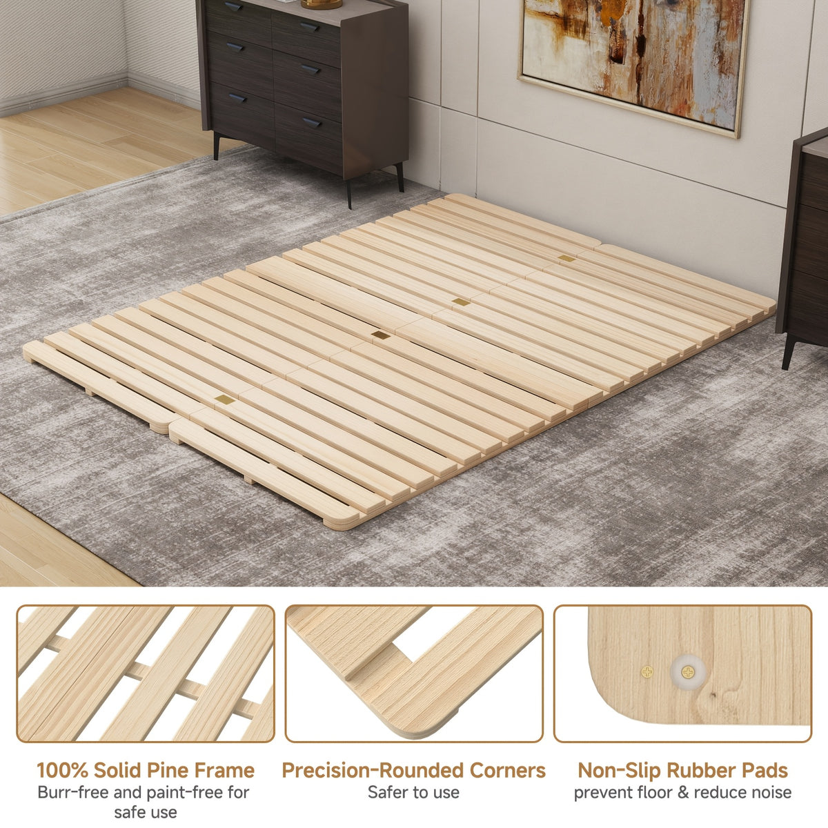 LILYPELLE Japanese Style Tatami Bed Frame, Foldable Wooden Slat Mattress Foundation, Low Profile Floor Sleeping Platform, Minimalist Space Saving Bedroom Furniture