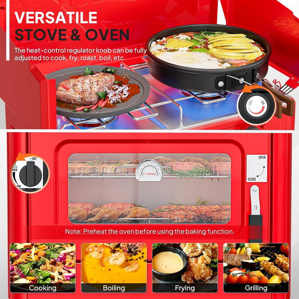 MEFEIR 2-in-1 Camping Stove with Propane Oven, Portable 2 Burner Stove & Outdoor Oven Combo with Auto-ignition & Thermometer for Camping Backyard Picnic