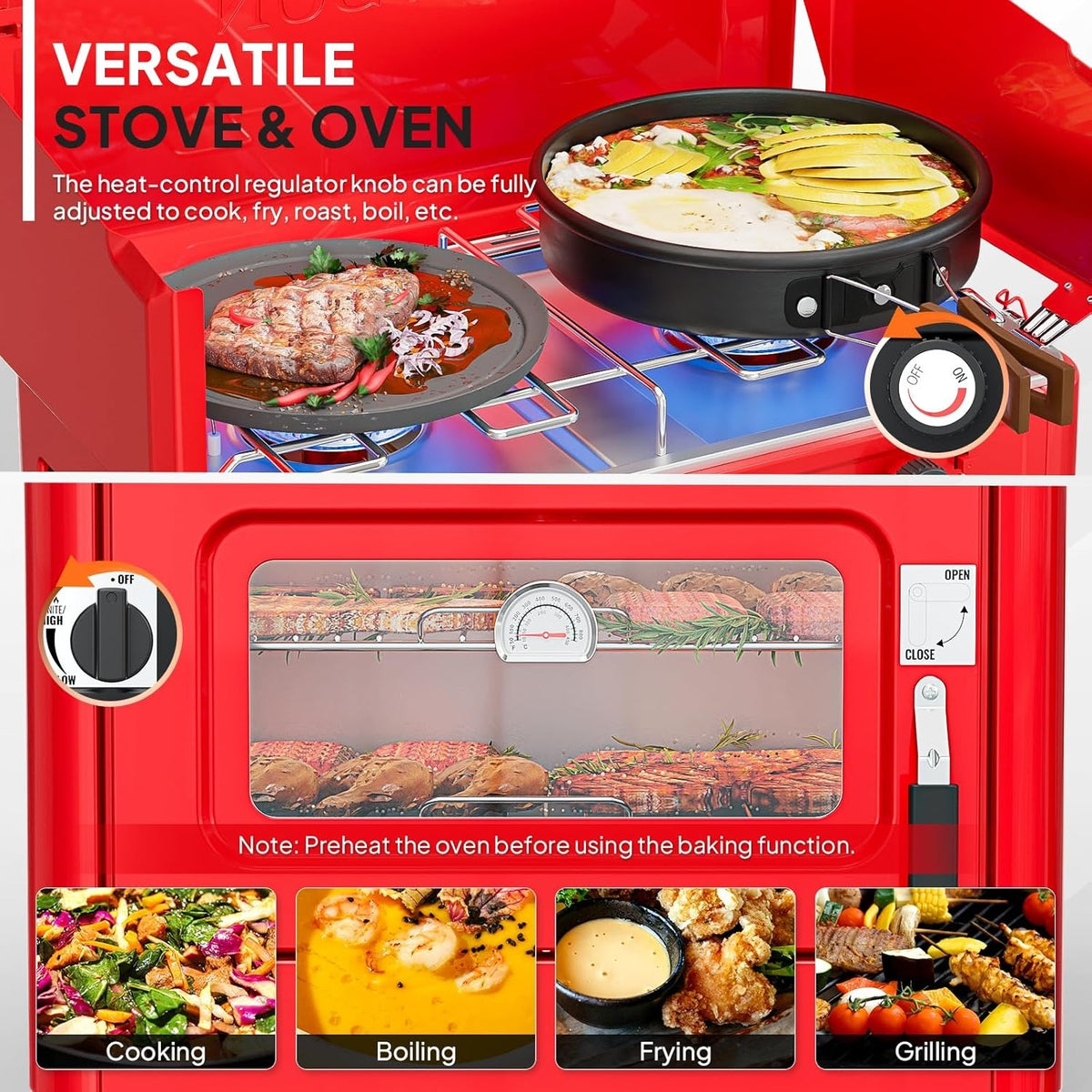 MEFEIR 2-in-1 Camping Stove with Propane Oven, Portable 2 Burner Stove & Outdoor Oven Combo with Auto-ignition & Thermometer for Camping Backyard Picnic