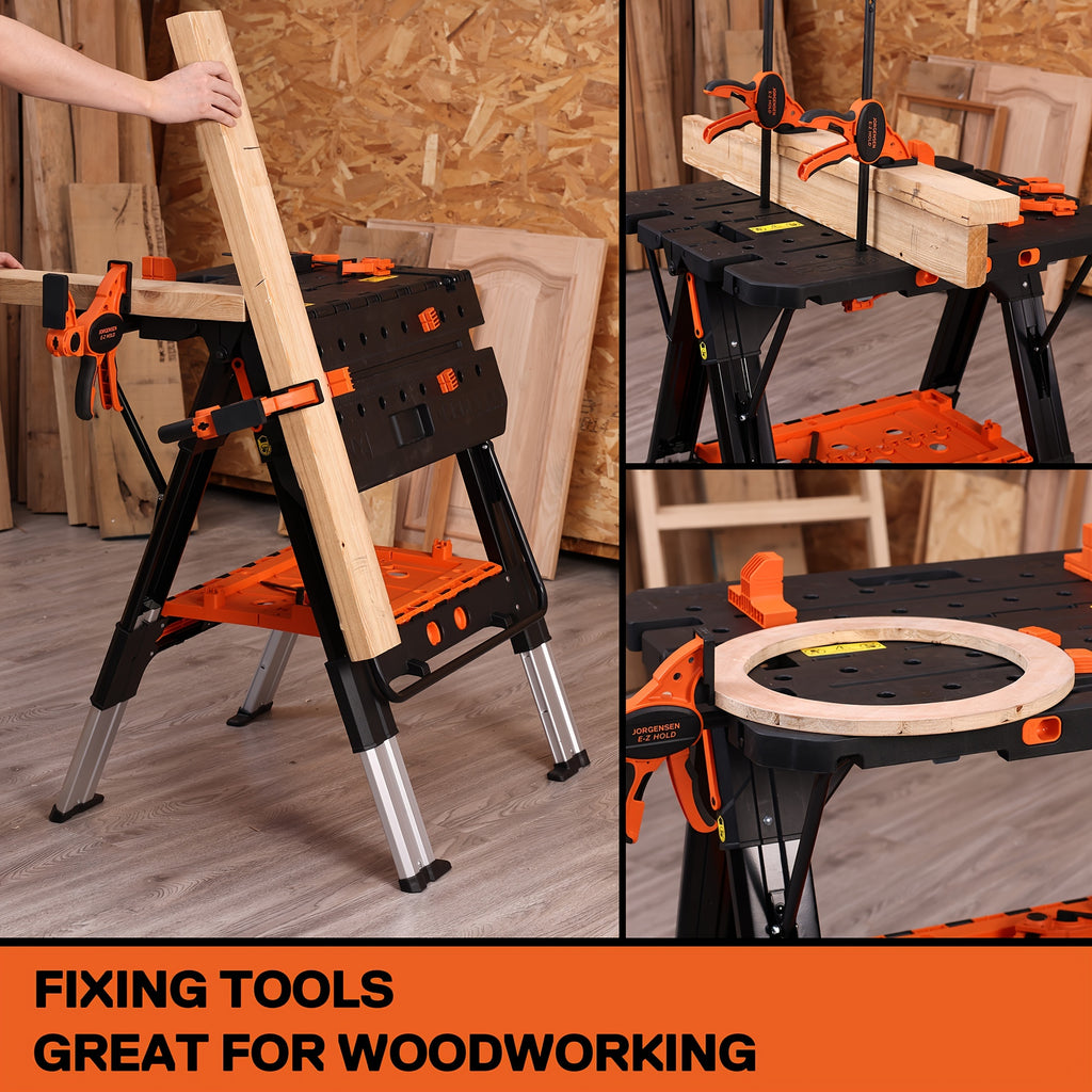 Portable Folding Work Table Pony, 2-in-1 as Sawhorse & Workbench, Load Capacity 1000 lbs-Sawhorse & 500 lbs-Workbench, 31" W×25" D×25"-32"H, with 4pcs Clamps, 4pcs Bench Dogs, 2pcs Safety Straps