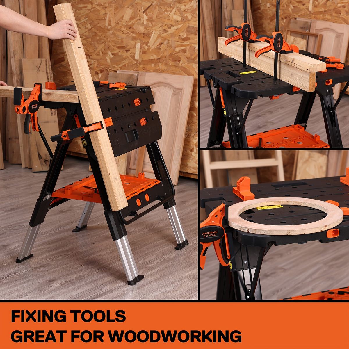 Portable Folding Work Table Pony, 2-in-1 as Sawhorse & Workbench, Load Capacity 1000 lbs-Sawhorse & 500 lbs-Workbench, 31" W×25" D×25"-32"H, with 4pcs Clamps, 4pcs Bench Dogs, 2pcs Safety Straps