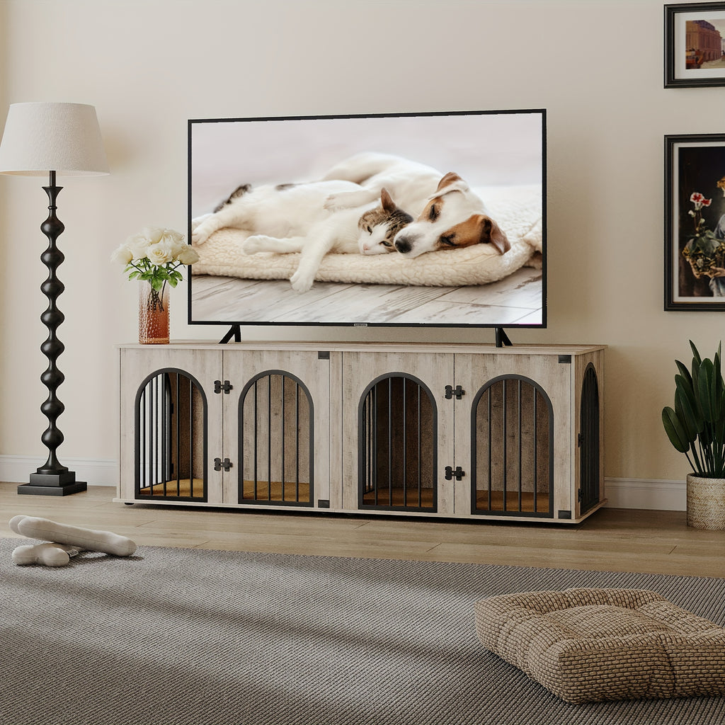 71" Heavy Duty Dog Kennels | Wooden Dog Crate Furniture for 2 Dogs, Small/Medium/Large, with Divider, Pads, Side Table, TV Cabinet, Anti-Chew, Anti-Escape, Black Golden/Greige/White/White Brown - HZUANERI
