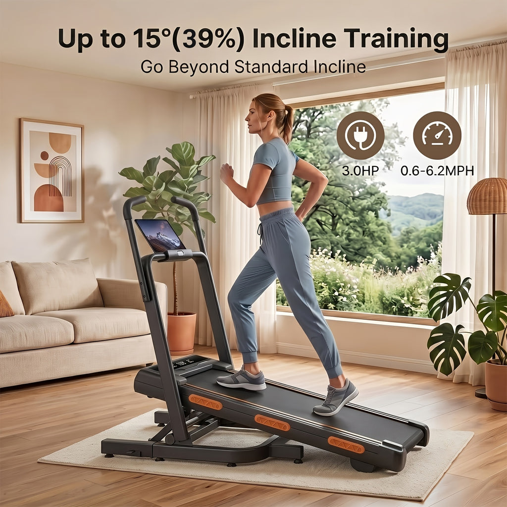 39% Incline Folding Treadmill for Tall Users, 3.0HP Quiet Motor, 350 Lbs Capacity, 6.2 MPH, Elevated Dual Handle Bar and Suction Tablet Holder