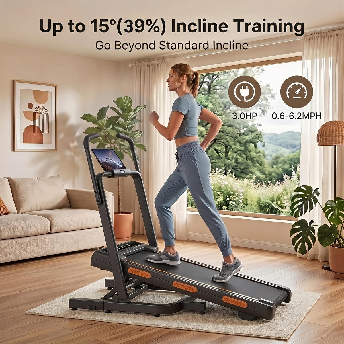 39% Incline Folding Treadmill for Tall Users, 3.0HP Quiet Motor, 350 Lbs Capacity, 6.2 MPH, Elevated Dual Handle Bar and Suction Tablet Holder