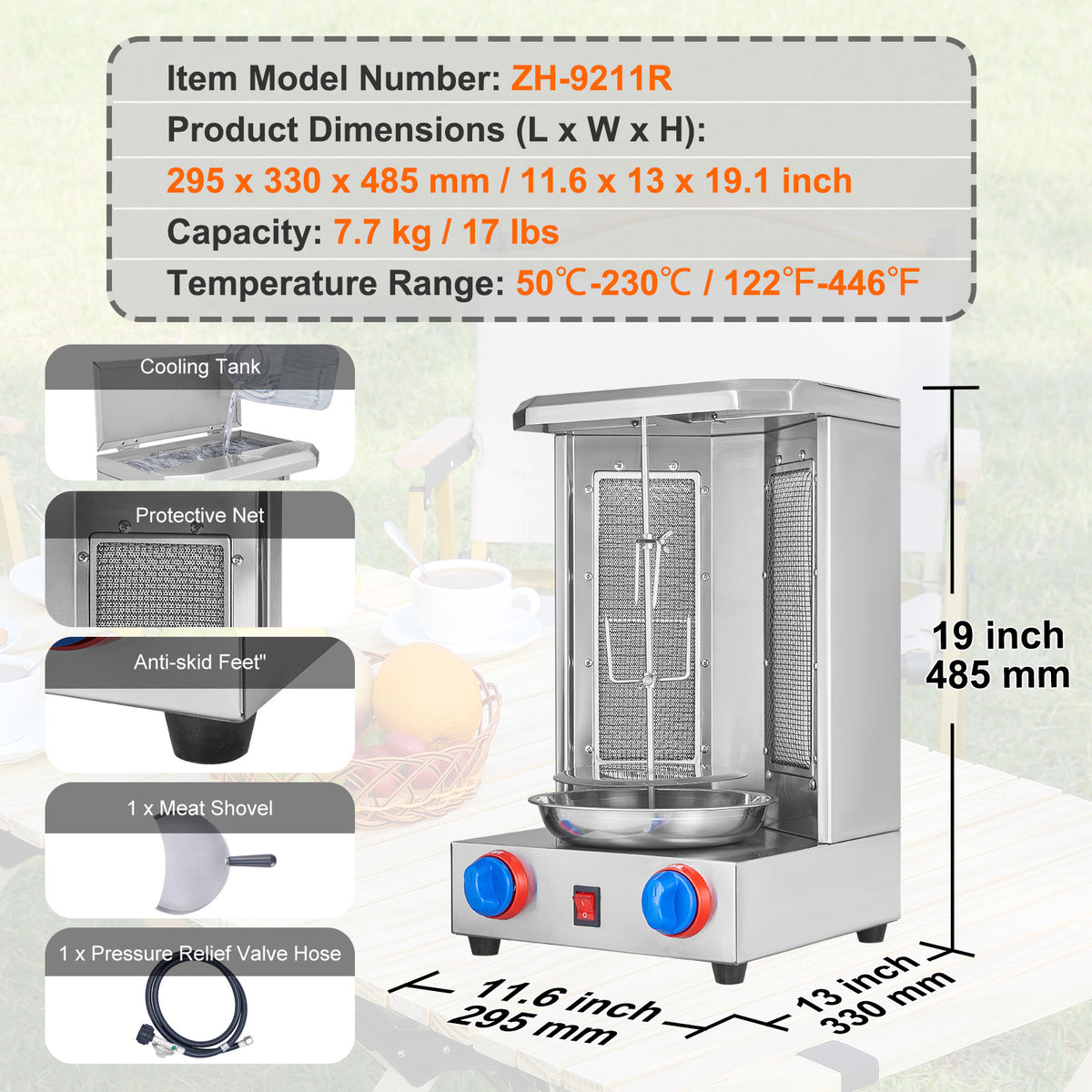 VEVOR Stainless Steel Shawarma Grill Machine Vertical Gyro Rotisserie Doner, Electric/Electric heating type/Gas (propane)