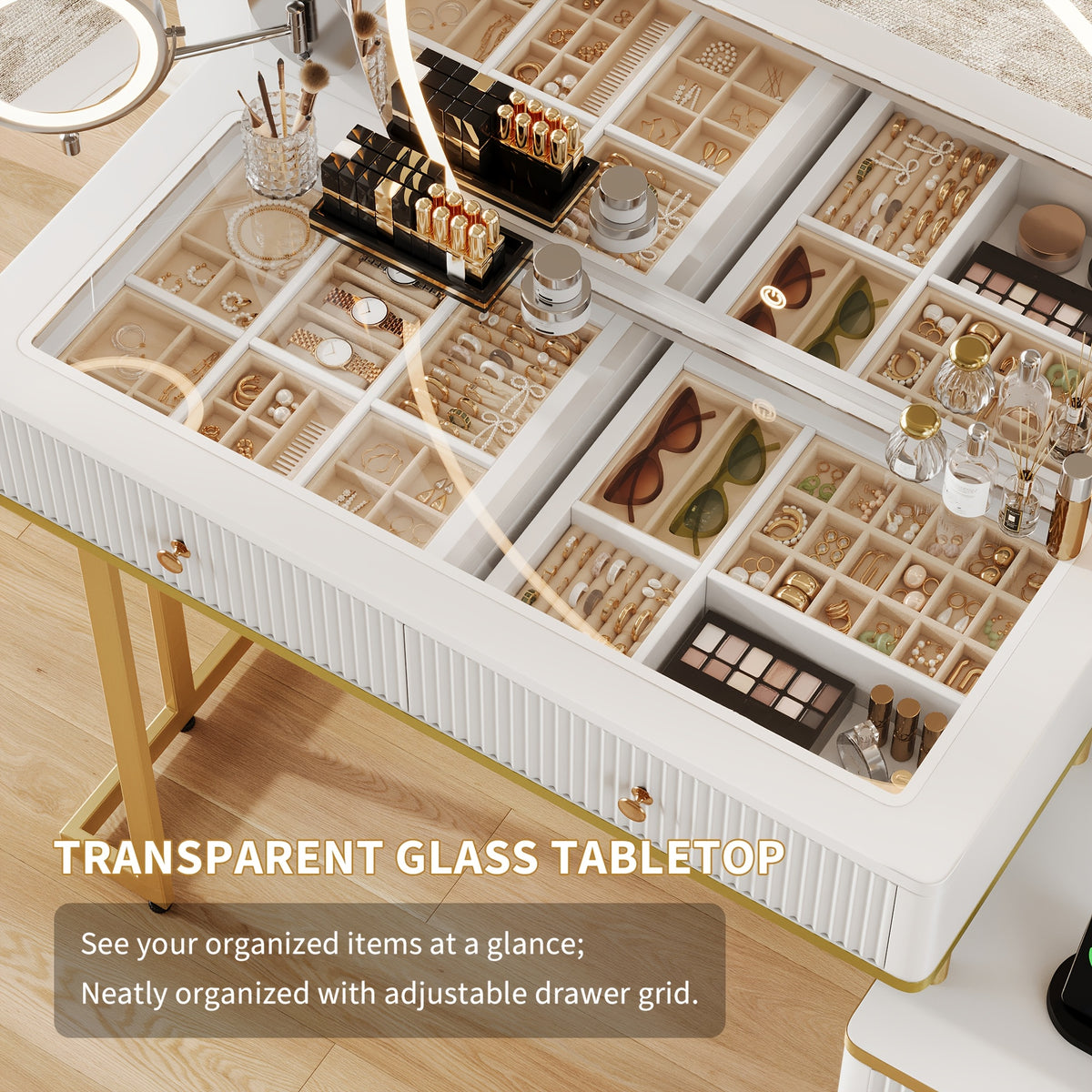 49.8"L Fluted Makeup Vanity Desk with Large 23.6"H Mirror And Lights, Modern Glass Top Big Vanity Table with 2 Drawers & Adjustable Shelves, Dressing Table with Charging Station for Bedroom